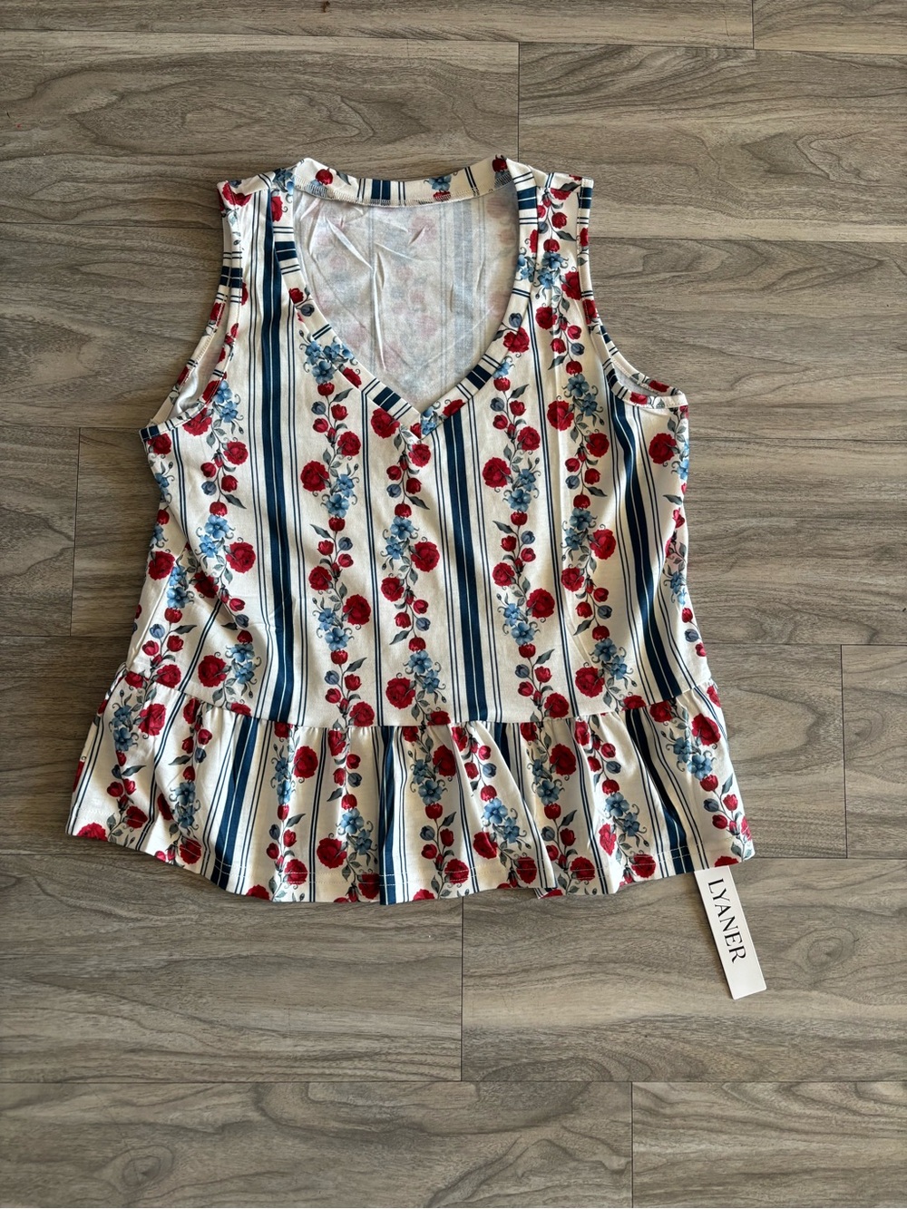 Lia Nier V-Neck Peplum Tank Top in White with Red & Blue Floral Stripe